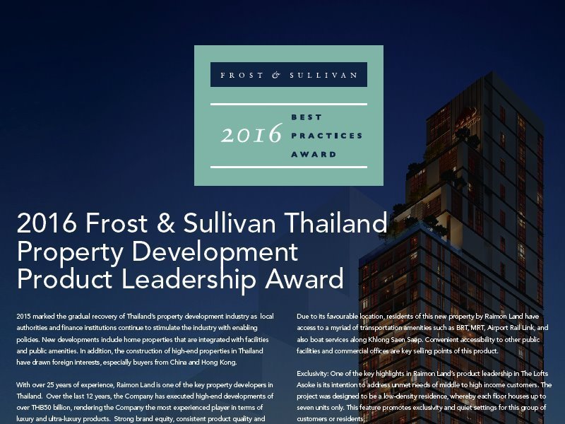 2016 Frost & Sullivan Thailand Property Development Product Leadership Award